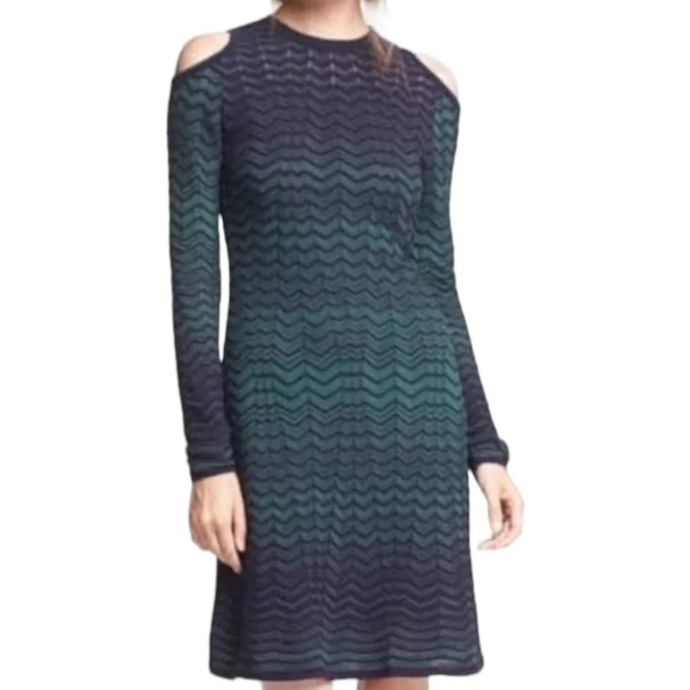 Missoni Fit & Flare Green Blue‎ Chevron Print Open Shoulder Knit Dress Sz 2